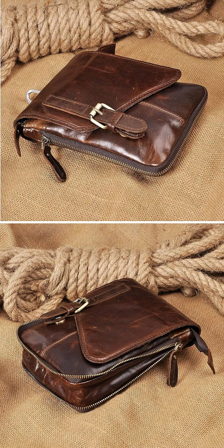 Le'aokuu Mens Genuine Leather Small Messenger Shoulder Satchel Phone Pouch Belt Fanny Waist Bag Pack
