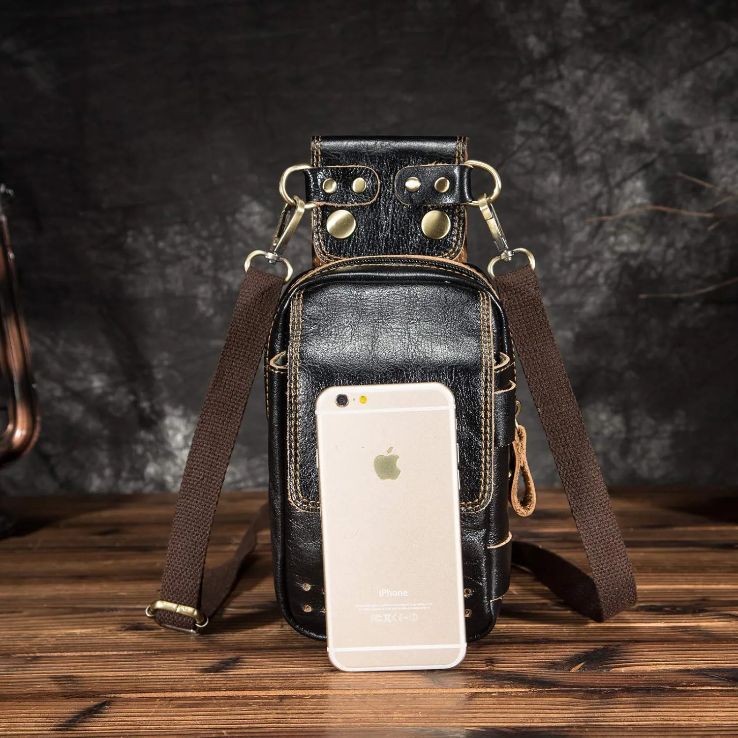 Le'aokuu Mens Genuine Leather Small Messenger Shoulder Satchel Phone Pouch Belt Fanny Waist Bag Pack