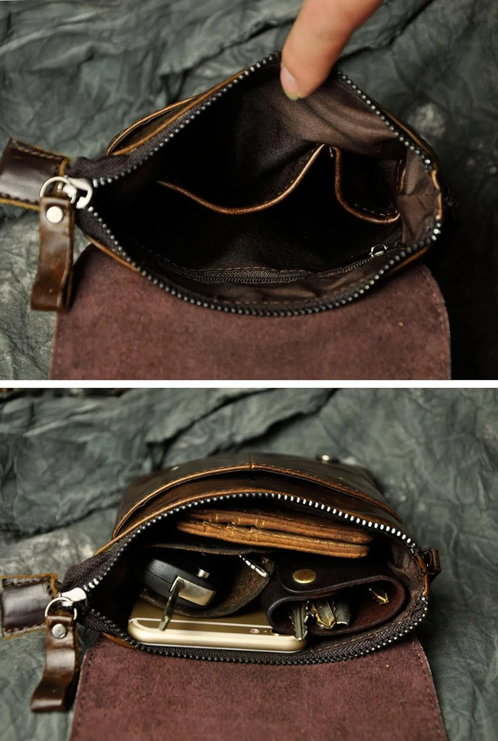 Le'aokuu Mens Genuine Leather Small Messenger Shoulder Satchel Phone Pouch Belt Fanny Waist Bag Pack