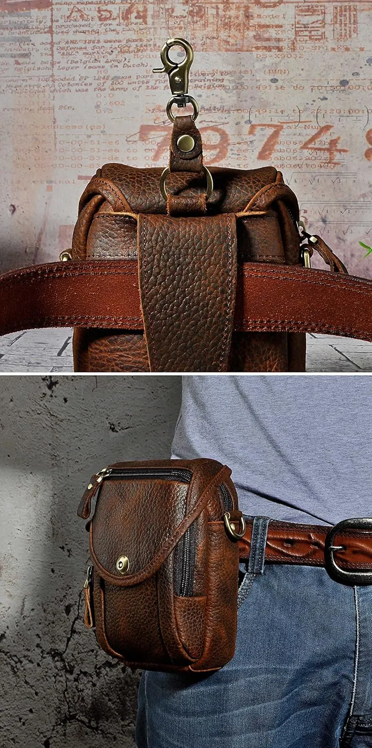 Le'aokuu Mens Original Leather Designer Casual Small Messenger Shoulder Bag Fashion Waist Belt Bag Pack Cigarette Phone Case