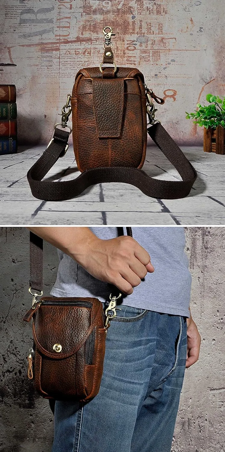 Le'aokuu Mens Original Leather Designer Casual Small Messenger Shoulder Bag Fashion Waist Belt Bag Pack Cigarette Phone Case