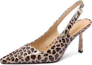 Leopard Buckle Slingback Pumps for Womens Square Toe Comfortable Kitten Heel Dress Party Shoes