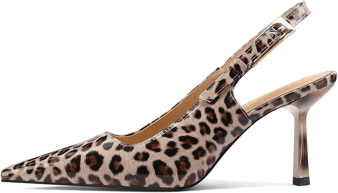 Leopard Buckle Slingback Pumps for Womens Square Toe Comfortable Kitten Heel Dress Party Shoes