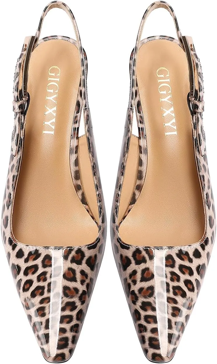 Leopard Buckle Slingback Pumps for Womens Square Toe Comfortable Kitten Heel Dress Party Shoes