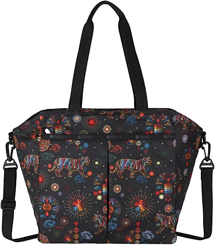 LeSportsac Bright Fortune Large Ever Tote Handbag/Satchel & Convertible Crossbody   Top Handle Tote & Cosmetic Bag, Style 3801/Color E476, Festive & Colorful Graphics Evoke Optimism & Strength