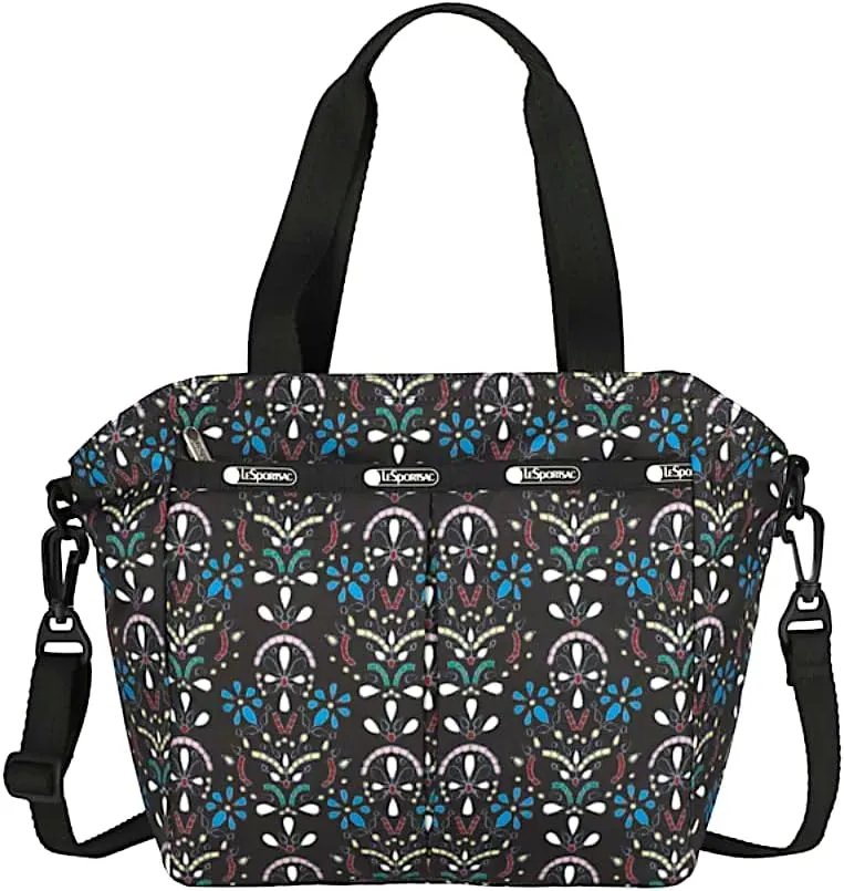 LeSportsac Cloistered Jewels Large Ever Tote Handbag/Satchel & Convertible Crossbody   Top Handle Tote & Cosmetic Bag, Style 3802/Color E469, Mosaic Art Tiles in Colorful Crest & Flower Motifs