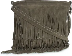 LiaTalia Womens Fringe Handbag - Real Italian Suede Leather - Tassle Effect Shoulder Bag in Medium Size - Ashley