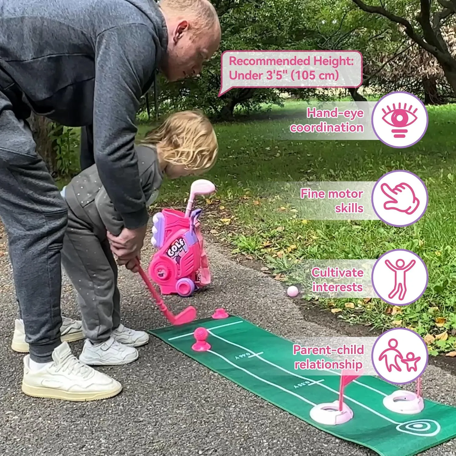Liberry Toddler Golf Set with Putting Mat for 2 3 4 5 Years Old Boys Girls, Upgraded Kids Golf Cart with Unique Shoulder Strap Design, Indoor and Outdoor Golf Toys Gifts (Pink)