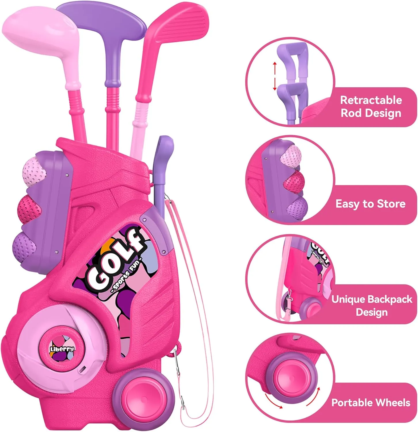 Liberry Toddler Golf Set with Putting Mat for 2 3 4 5 Years Old Boys Girls, Upgraded Kids Golf Cart with Unique Shoulder Strap Design, Indoor and Outdoor Golf Toys Gifts (Pink)