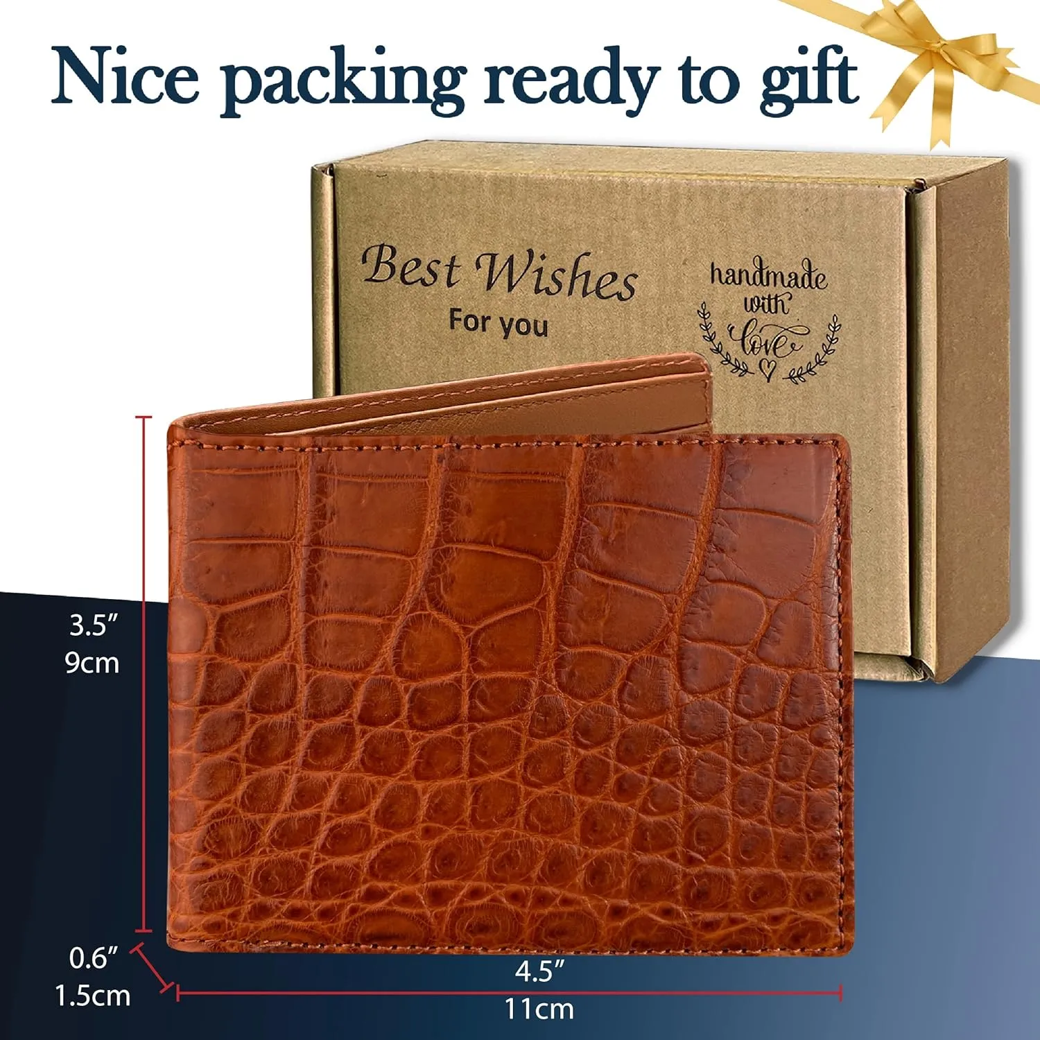 Light Brown Leather Wallet For Men With Flip Up ID Holder Credit Card Premium Croc Wallet AIIigator Bifold RFID Blocking Handmade Gift For Birthday Wedding Anniversary Father's Day VINAM-30