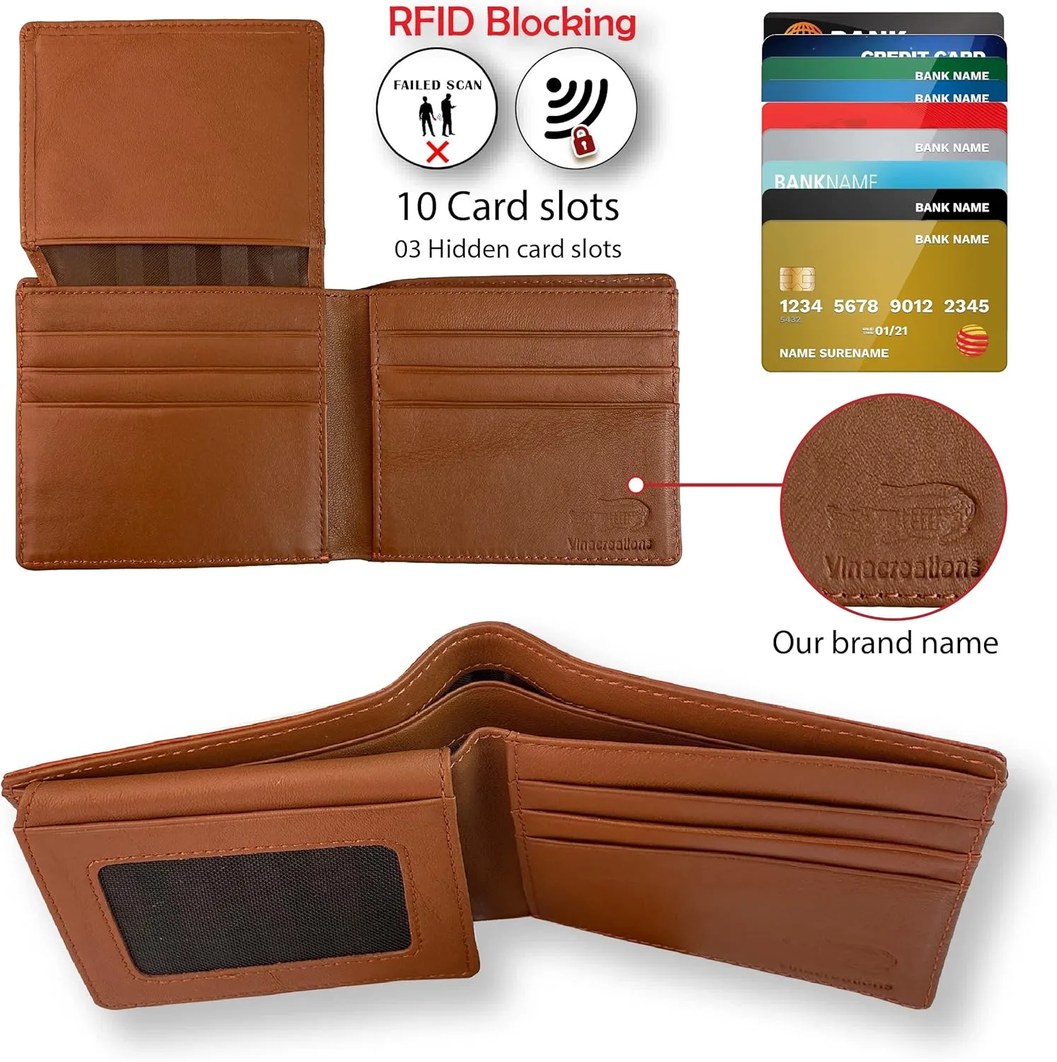 Light Brown Leather Wallet For Men With Flip Up ID Holder Credit Card Premium Croc Wallet AIIigator Bifold RFID Blocking Handmade Gift For Birthday Wedding Anniversary Father's Day VINAM-30