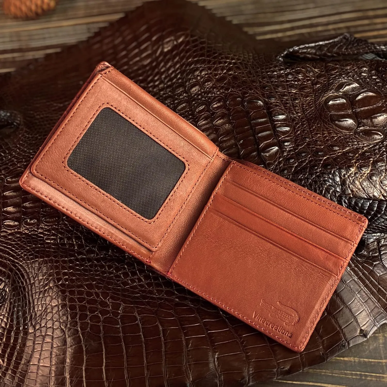 Light Brown Leather Wallet For Men With Flip Up ID Holder Credit Card Premium Croc Wallet AIIigator Bifold RFID Blocking Handmade Gift For Birthday Wedding Anniversary Father's Day VINAM-30