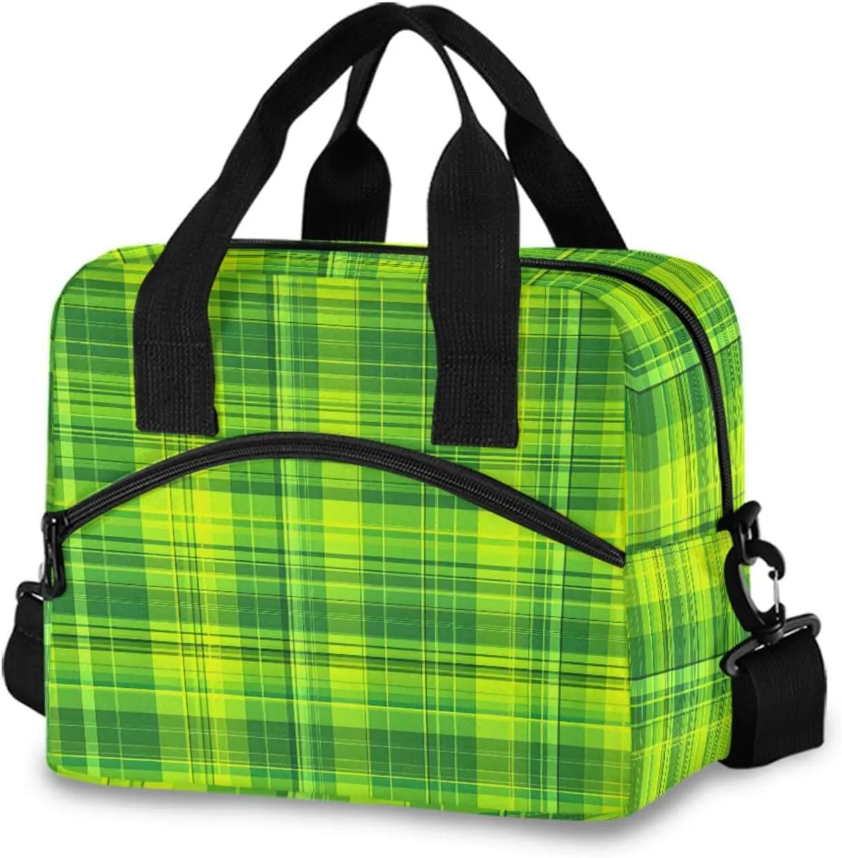 Lime Green Plaid Pattern Lunch Box for Men Women Adults Insulated Lunch Bag Cooler Bag with Adjustable Shoulder Strap for Work Picnic Travel