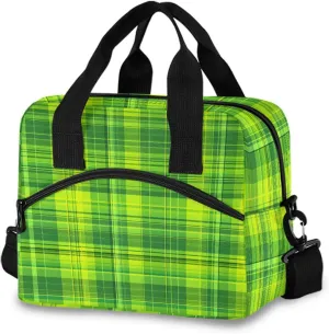 Lime Green Plaid Pattern Lunch Box for Men Women Adults Insulated Lunch Bag Cooler Bag with Adjustable Shoulder Strap for Work Picnic Travel