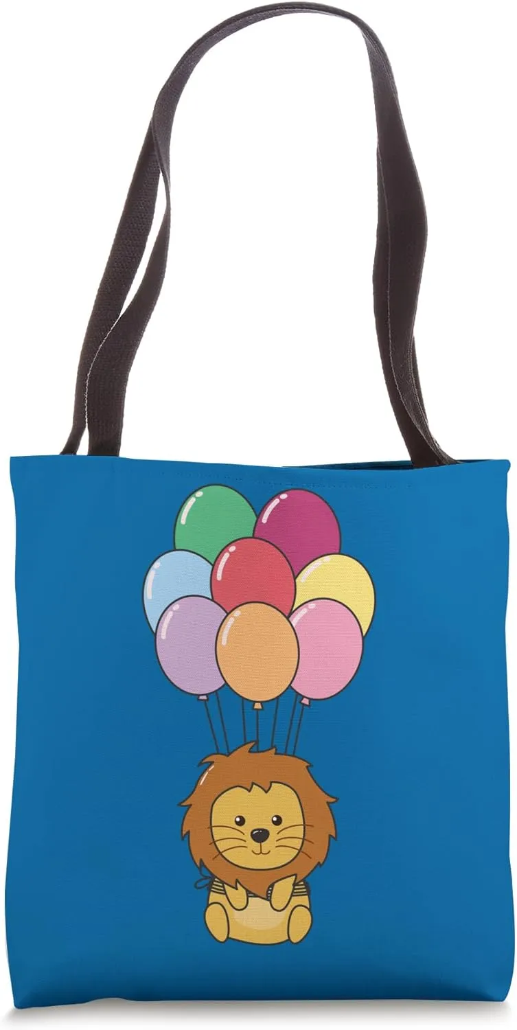 Lion Flies Upwards With Colorful Balloons Kawaii Lion Tote Bag