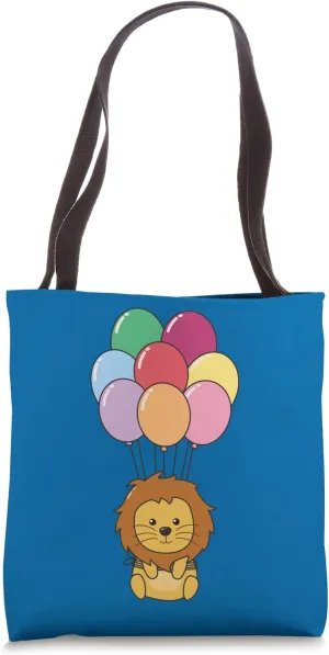 Lion Flies Upwards With Colorful Balloons Kawaii Lion Tote Bag