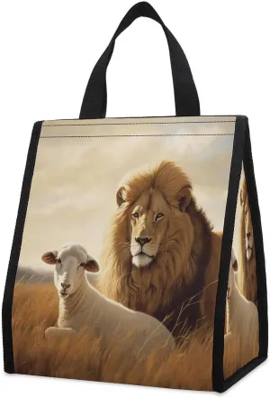 Lion Sheep Insulated Lunch Bag Box Large Lunchboxes with Pocket Leakproof Lunch Tote Reusable Cooler Bags Cute Lunch Sack for Women Men Work Travel Picnic