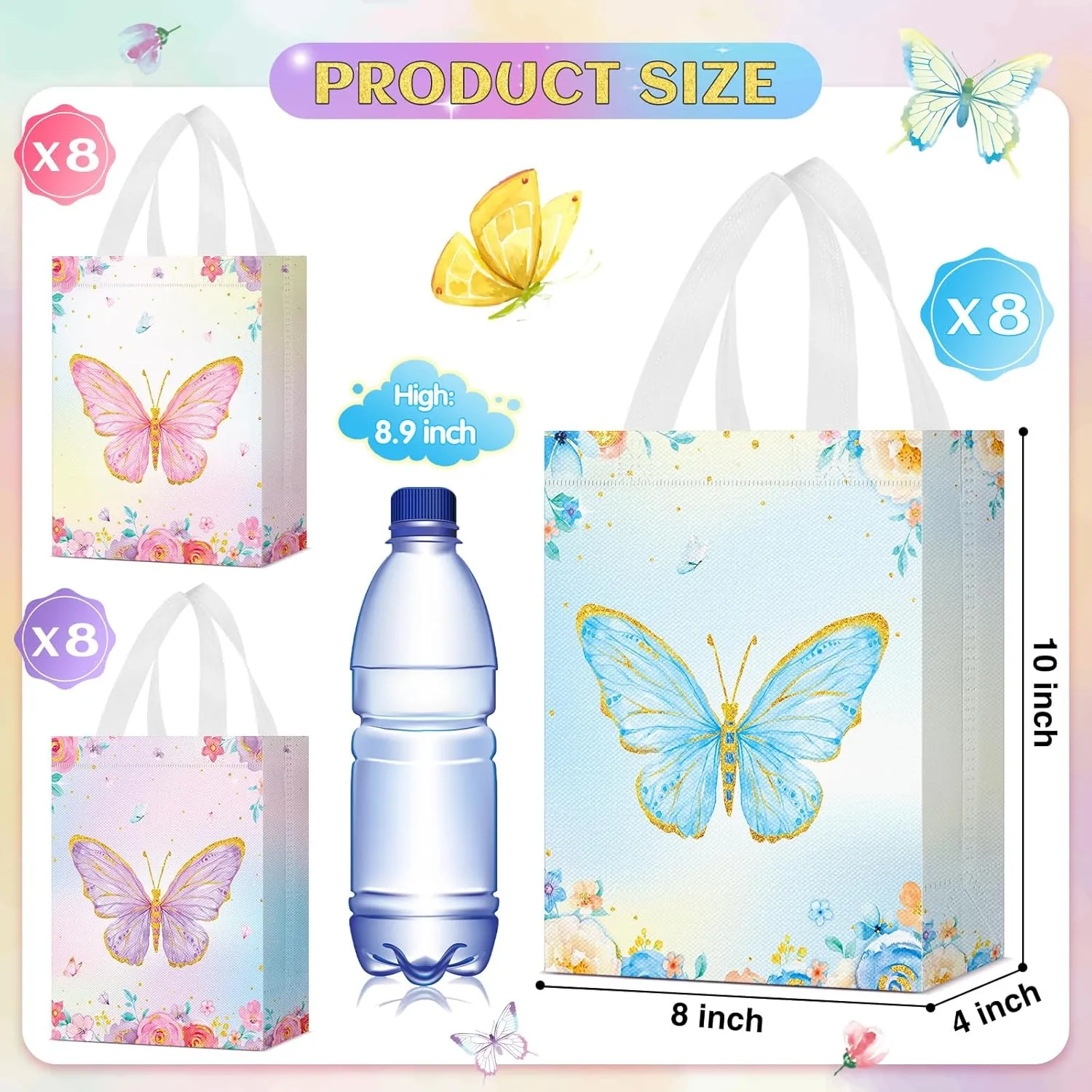 Locmeo 24 Pcs Butterfly Party Favor Bags with Handles Reusable Non Woven Butterfly Goodie Bags Pink Blue and Purple Candy Treat Gift Bag for Girl Boy Birthday Baby Shower Party, 8 x 4 x 10 Inch