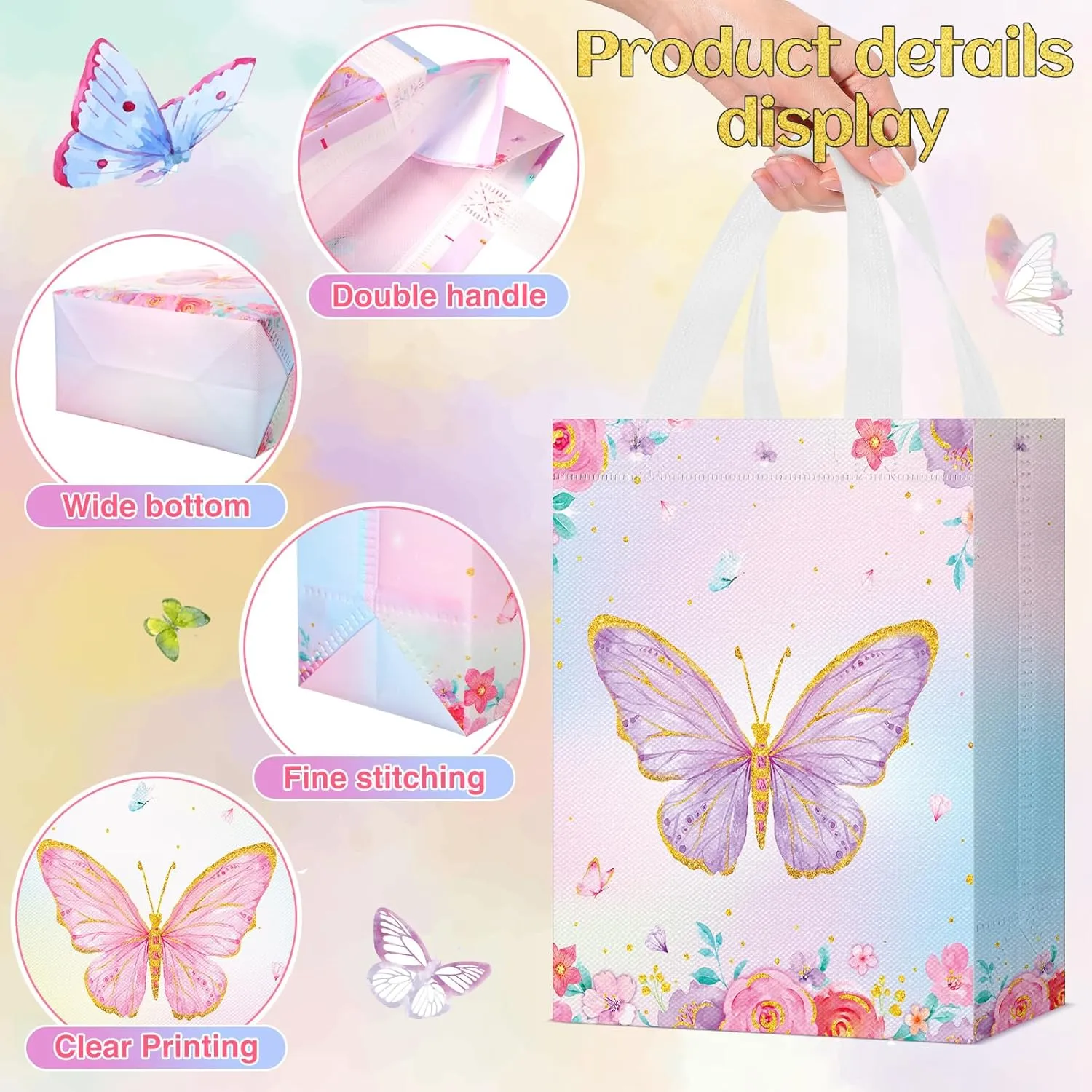 Locmeo 24 Pcs Butterfly Party Favor Bags with Handles Reusable Non Woven Butterfly Goodie Bags Pink Blue and Purple Candy Treat Gift Bag for Girl Boy Birthday Baby Shower Party, 8 x 4 x 10 Inch
