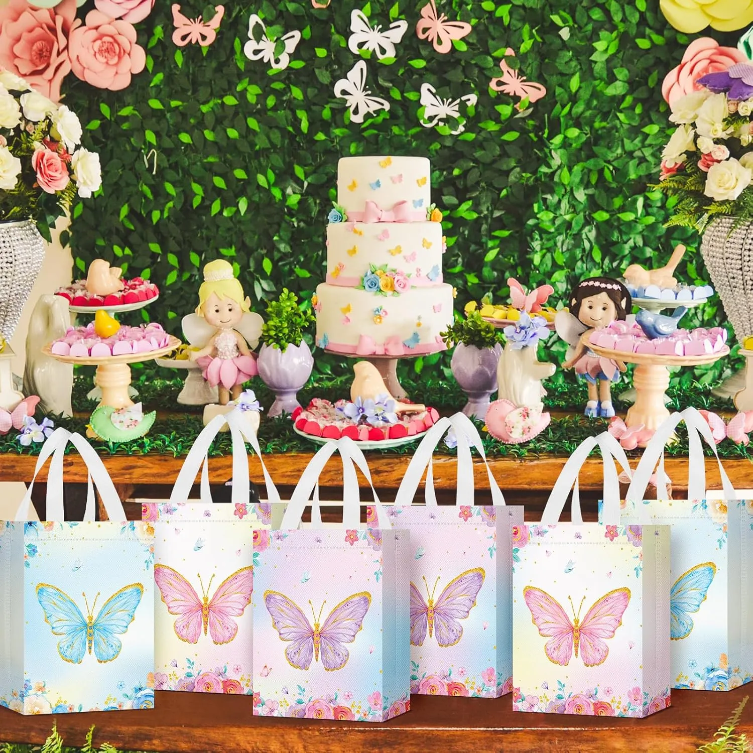 Locmeo 24 Pcs Butterfly Party Favor Bags with Handles Reusable Non Woven Butterfly Goodie Bags Pink Blue and Purple Candy Treat Gift Bag for Girl Boy Birthday Baby Shower Party, 8 x 4 x 10 Inch