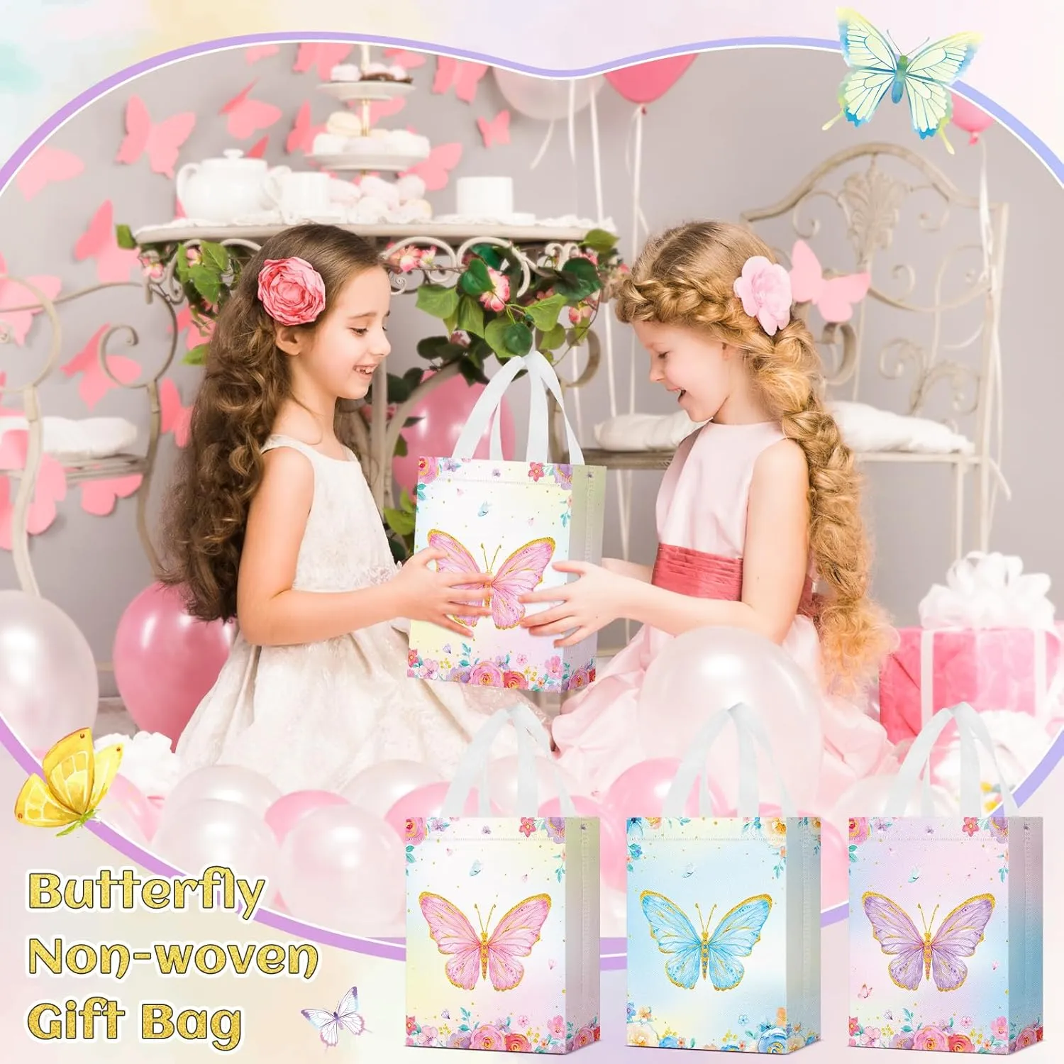Locmeo 24 Pcs Butterfly Party Favor Bags with Handles Reusable Non Woven Butterfly Goodie Bags Pink Blue and Purple Candy Treat Gift Bag for Girl Boy Birthday Baby Shower Party, 8 x 4 x 10 Inch