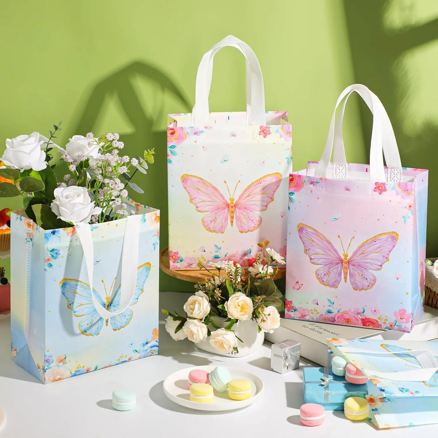 Locmeo 24 Pcs Butterfly Party Favor Bags with Handles Reusable Non Woven Butterfly Goodie Bags Pink Blue and Purple Candy Treat Gift Bag for Girl Boy Birthday Baby Shower Party, 8 x 4 x 10 Inch