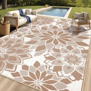 LOKHOM Outdoor Rug for Patio, 9' x 12' Reversible Plastic Straw Area Rugs Mat, Waterproof Mat for Camper Indoor Outdoor Carpet for Rv Deck Porch Picnic Beach Balcony, Brown & White