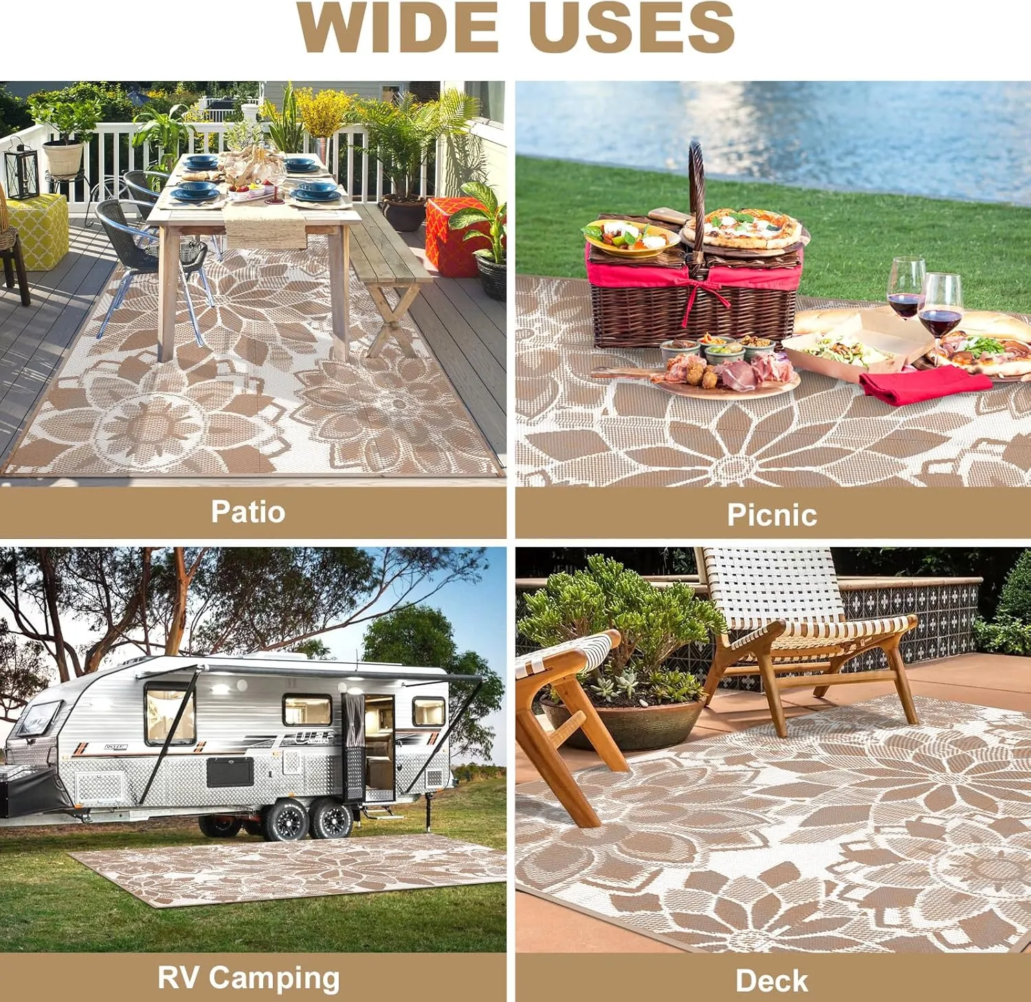 LOKHOM Outdoor Rug for Patio, 9' x 12' Reversible Plastic Straw Area Rugs Mat, Waterproof Mat for Camper Indoor Outdoor Carpet for Rv Deck Porch Picnic Beach Balcony, Brown & White