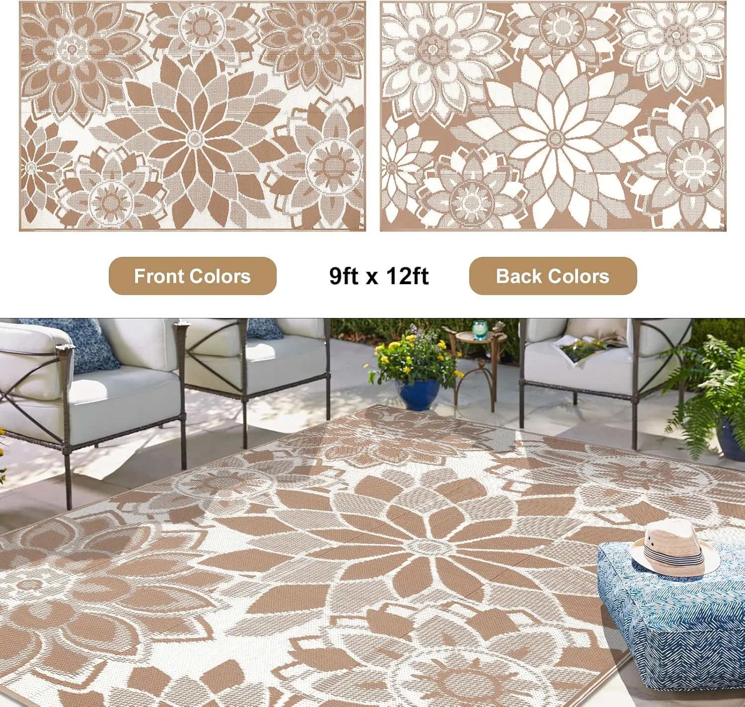 LOKHOM Outdoor Rug for Patio, 9' x 12' Reversible Plastic Straw Area Rugs Mat, Waterproof Mat for Camper Indoor Outdoor Carpet for Rv Deck Porch Picnic Beach Balcony, Brown & White