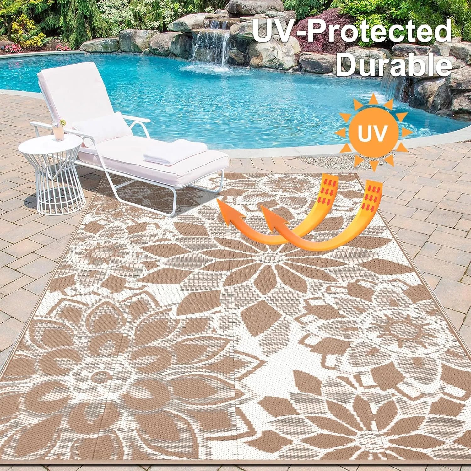LOKHOM Outdoor Rug for Patio, 9' x 12' Reversible Plastic Straw Area Rugs Mat, Waterproof Mat for Camper Indoor Outdoor Carpet for Rv Deck Porch Picnic Beach Balcony, Brown & White