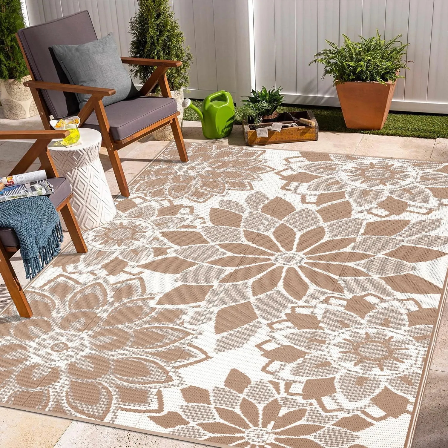 LOKHOM Outdoor Rug for Patio, 9' x 12' Reversible Plastic Straw Area Rugs Mat, Waterproof Mat for Camper Indoor Outdoor Carpet for Rv Deck Porch Picnic Beach Balcony, Brown & White