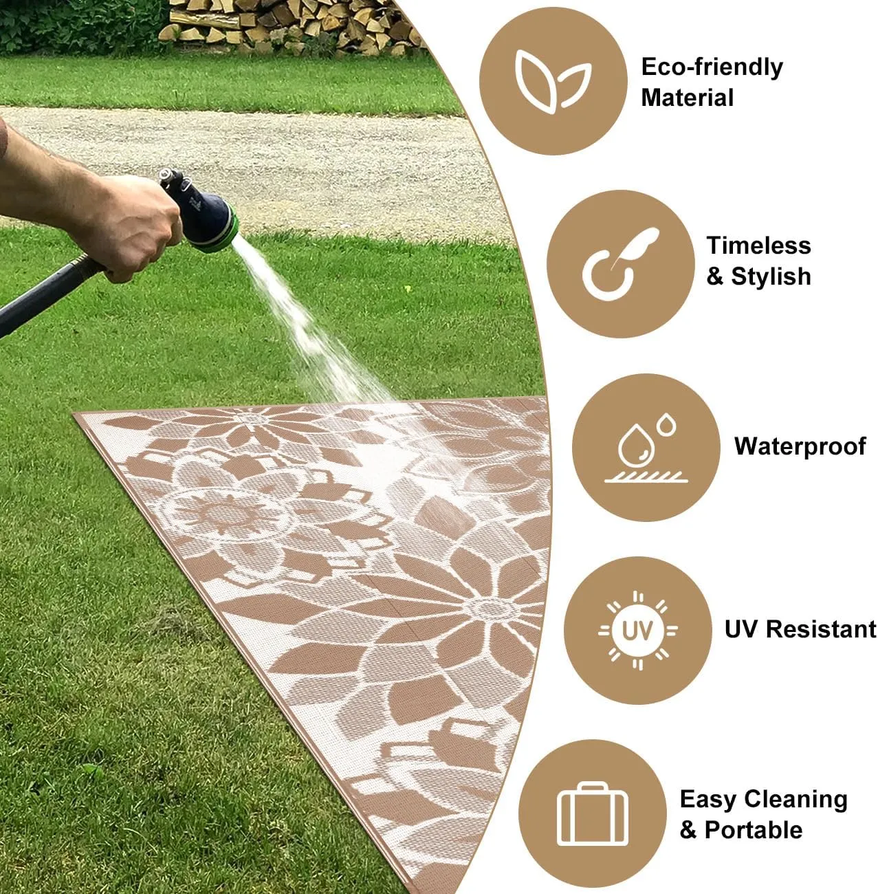 LOKHOM Outdoor Rug for Patio, 9' x 12' Reversible Plastic Straw Area Rugs Mat, Waterproof Mat for Camper Indoor Outdoor Carpet for Rv Deck Porch Picnic Beach Balcony, Brown & White