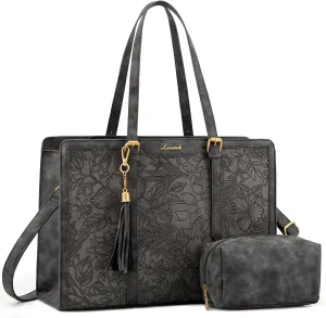 LOVEVOOK Laptop Bag for Women Vintage Leather Work Tote 15.6 inch Large Capacity Computer bag with Clutch Purse for Office, Travel, School, Casual