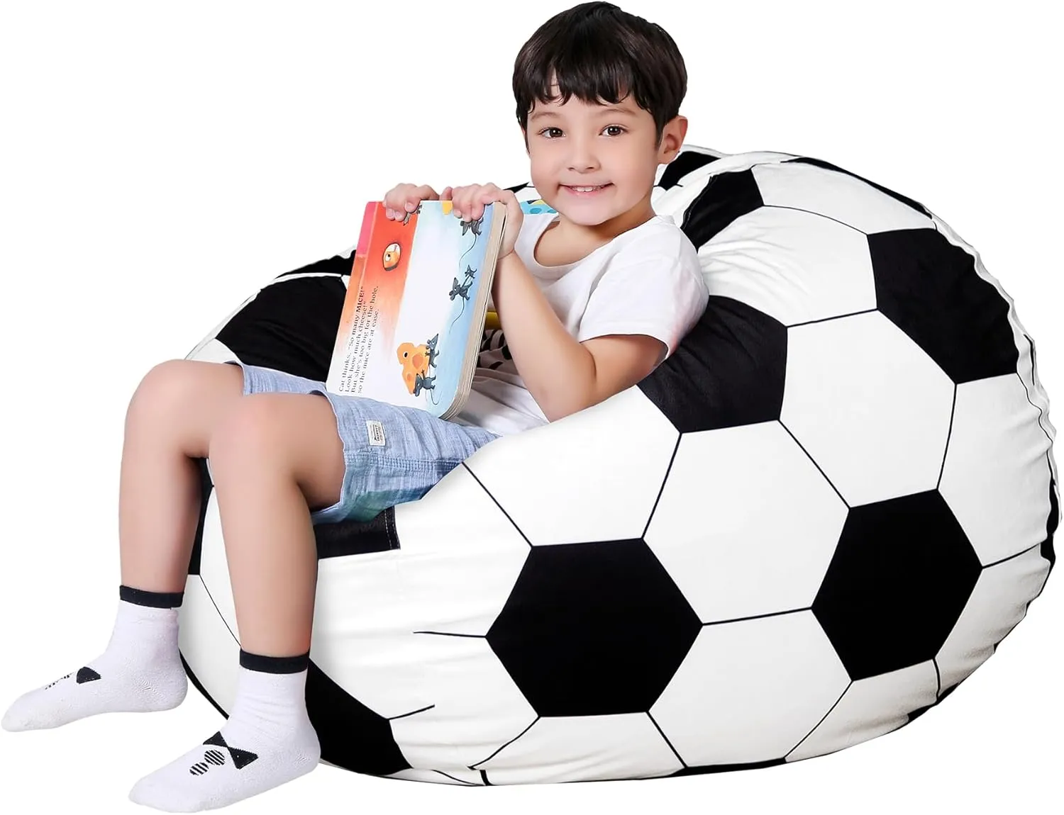 Lukeight Stuffed Animal Storage Bean Bag Chair Cover for Kids, Soccer Zipper Beanbag Chair Cover for Organizing Toddler and Kids' Rooms Plush Toys (Soccer Velvet, Large)