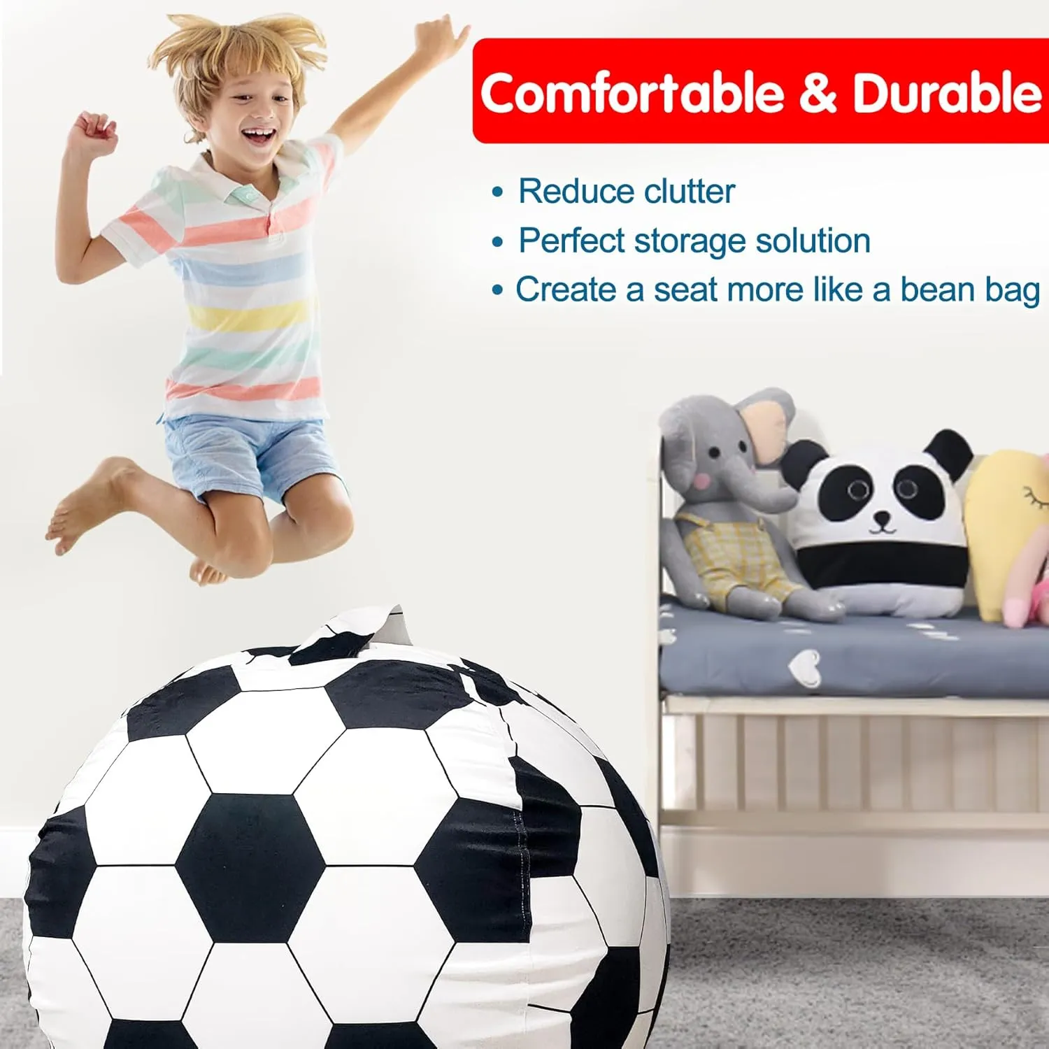 Lukeight Stuffed Animal Storage Bean Bag Chair Cover for Kids, Soccer Zipper Beanbag Chair Cover for Organizing Toddler and Kids' Rooms Plush Toys (Soccer Velvet, Large)
