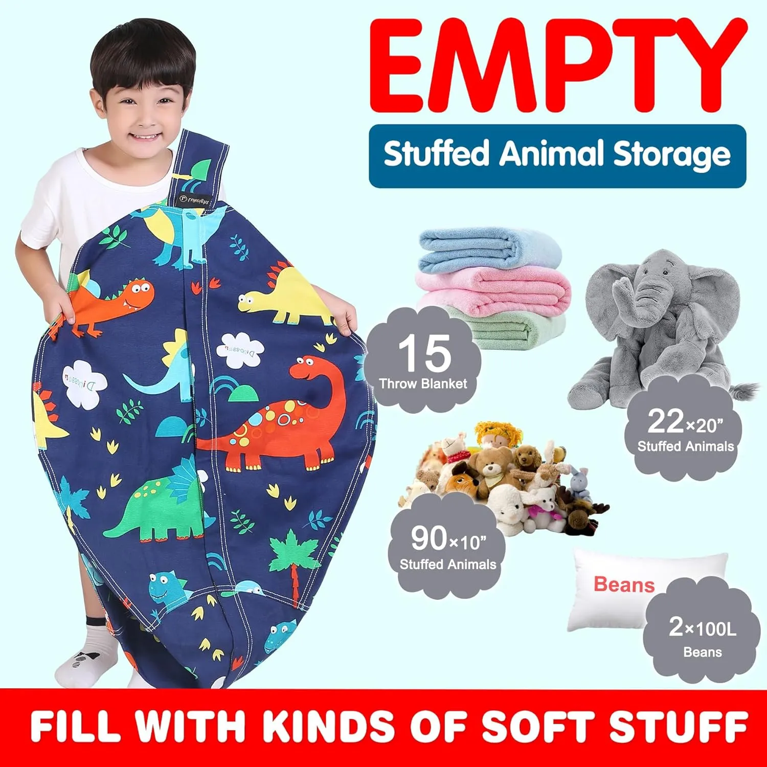 Lukeight Stuffed Animal Storage Bean Bag Chair Cover (No Filling) for Kids, Dinosaur Zipper Beanbag Chair Cover for Organizing Toddler and Kids' Rooms Plush Toys (Dinosaur, X-Large)