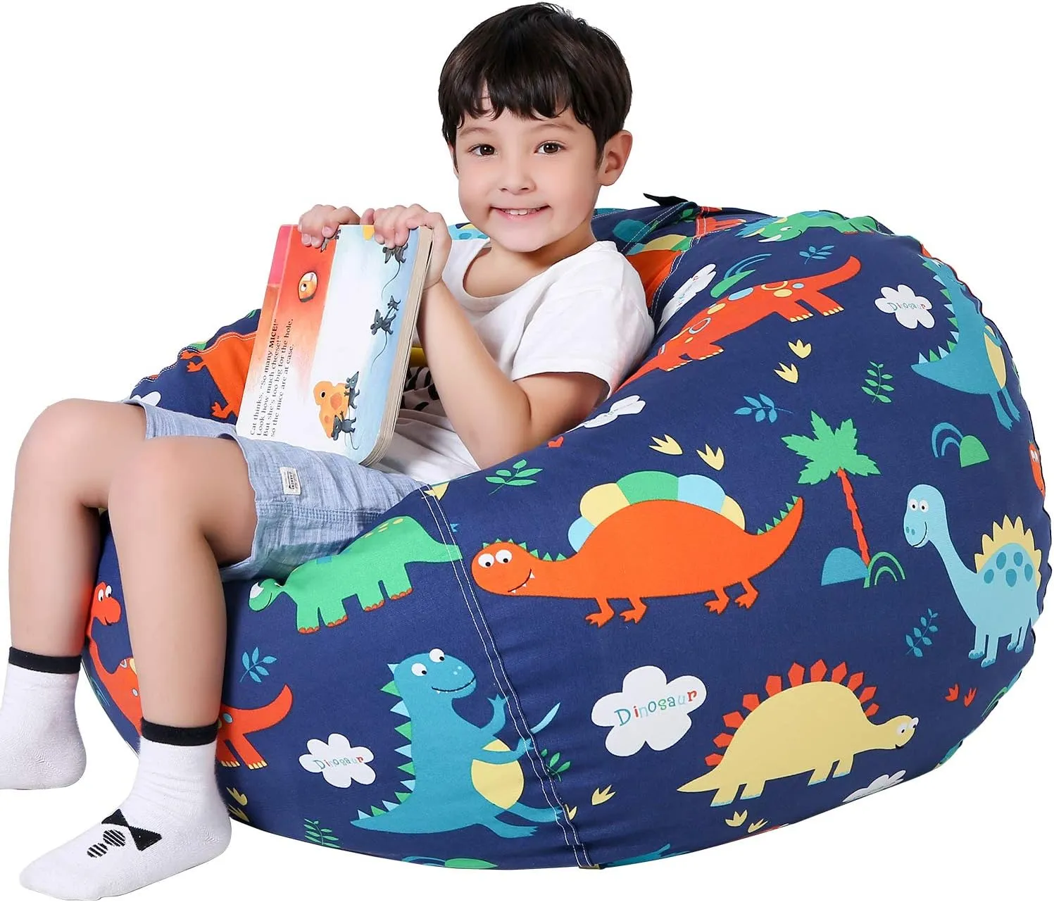 Lukeight Stuffed Animal Storage Bean Bag Chair Cover (No Filling) for Kids, Dinosaur Zipper Beanbag Chair Cover for Organizing Toddler and Kids' Rooms Plush Toys (Dinosaur, X-Large)