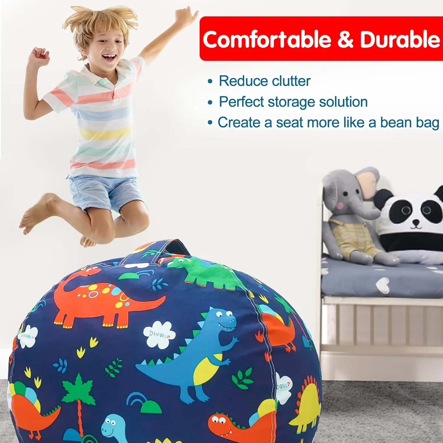 Lukeight Stuffed Animal Storage Bean Bag Chair Cover (No Filling) for Kids, Dinosaur Zipper Beanbag Chair Cover for Organizing Toddler and Kids' Rooms Plush Toys (Dinosaur, X-Large)