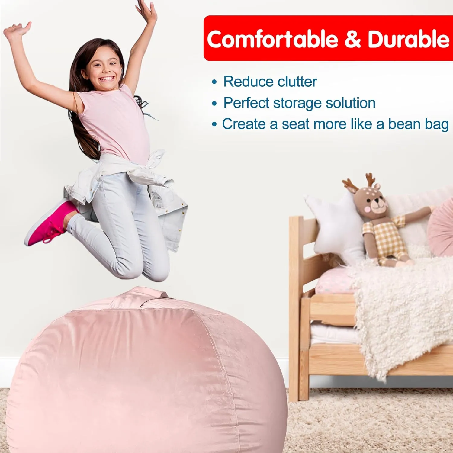 Lukeight Stuffed Animal Storage Bean Bag Chair Cover (No Filling) for Kids, Zipper Beanbag Chair Cover for Organizing Toddler and Kids' Rooms Plush Toys (Pink Velvet, XX-Large)