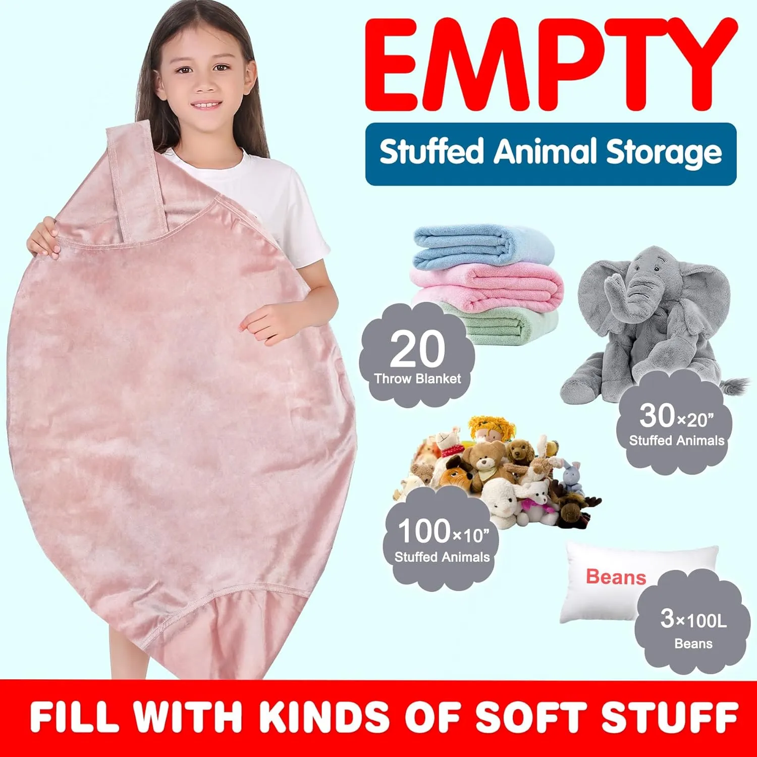 Lukeight Stuffed Animal Storage Bean Bag Chair Cover (No Filling) for Kids, Zipper Beanbag Chair Cover for Organizing Toddler and Kids' Rooms Plush Toys (Pink Velvet, XX-Large)
