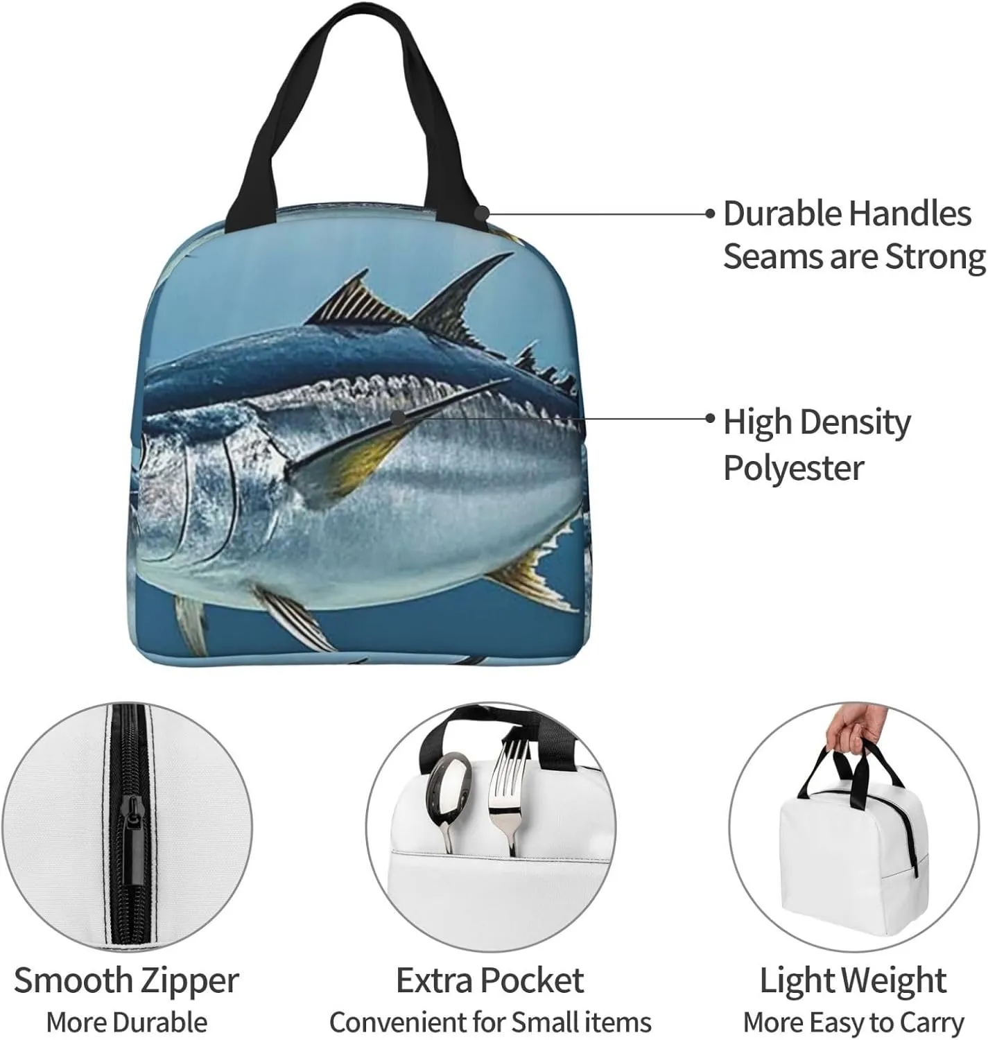 Lunch Bag for Women Men Bluefin Tuna Thunnus2 LunchBox Portable Insulated Lunch Box Reusable Tote Bags for Work