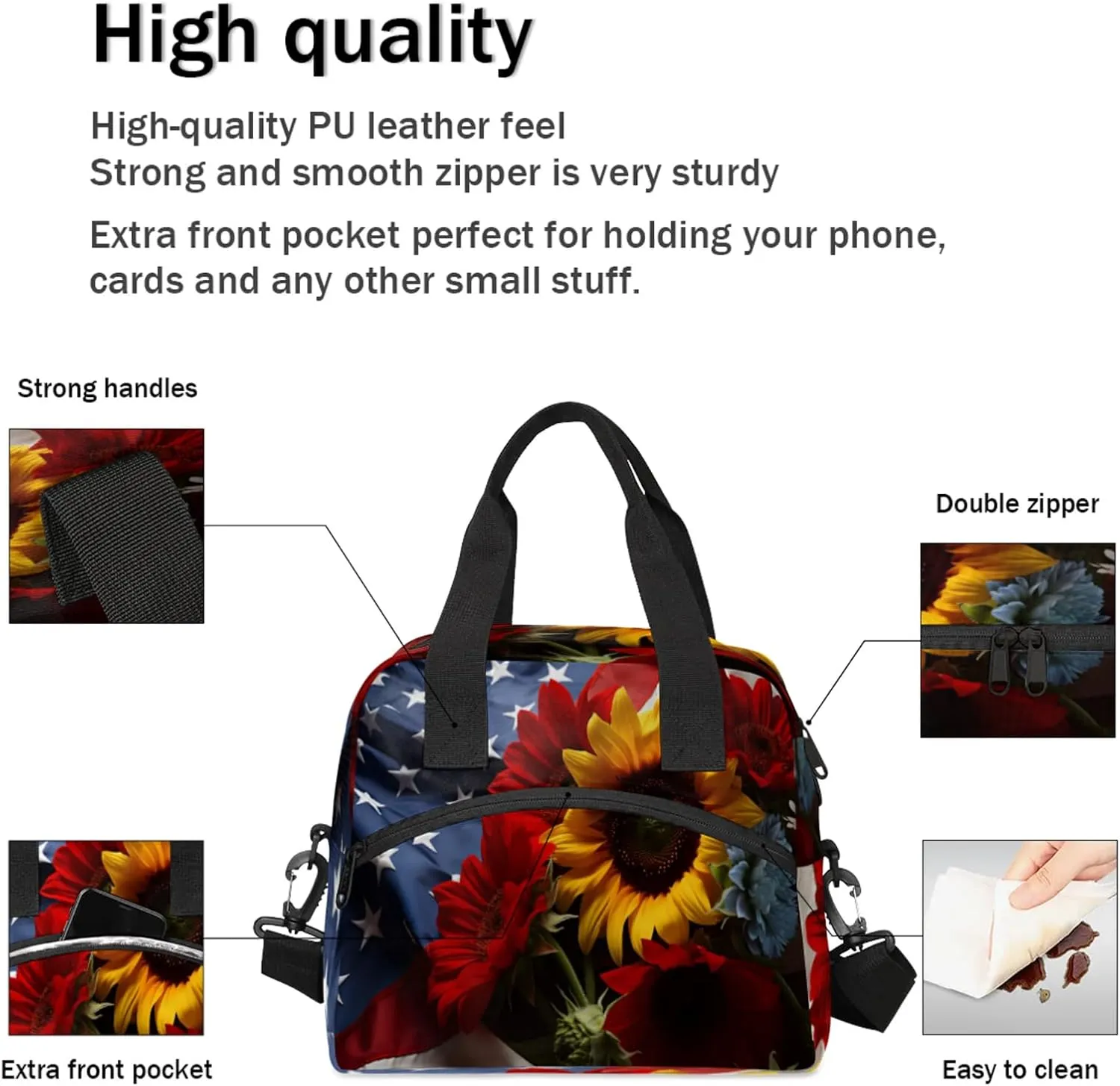 Lunch Bag for Women Men Insulated Lunch Box for Adult, American Flag Portable Reusable Lunch Tote Bag for Work Picnic Travel, Memorial Day Flowers Cooler Tote Bag