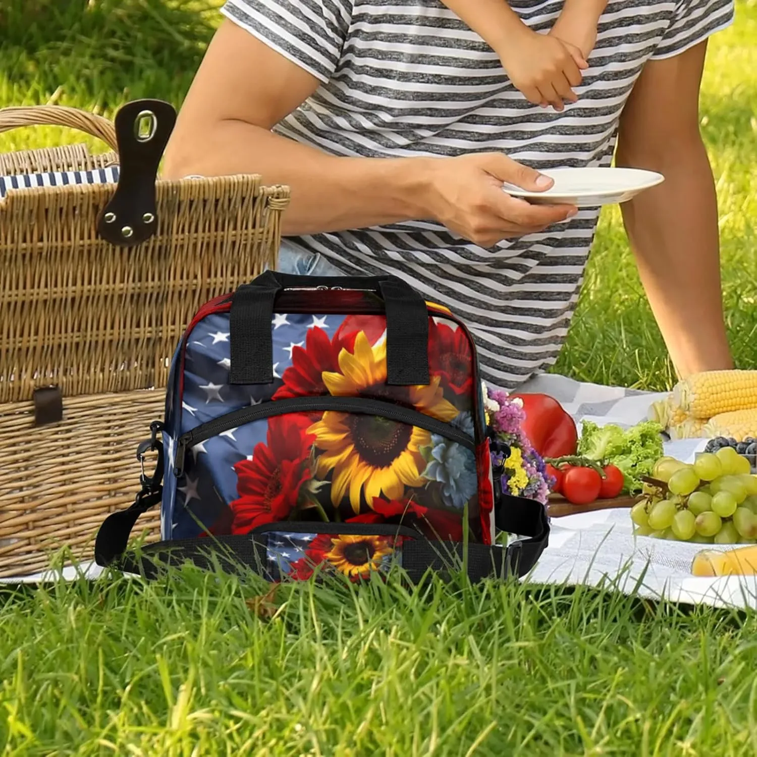 Lunch Bag for Women Men Insulated Lunch Box for Adult, American Flag Portable Reusable Lunch Tote Bag for Work Picnic Travel, Memorial Day Flowers Cooler Tote Bag