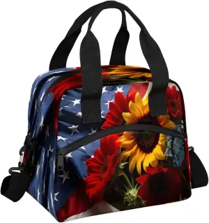 Lunch Bag for Women Men Insulated Lunch Box for Adult, American Flag Portable Reusable Lunch Tote Bag for Work Picnic Travel, Memorial Day Flowers Cooler Tote Bag