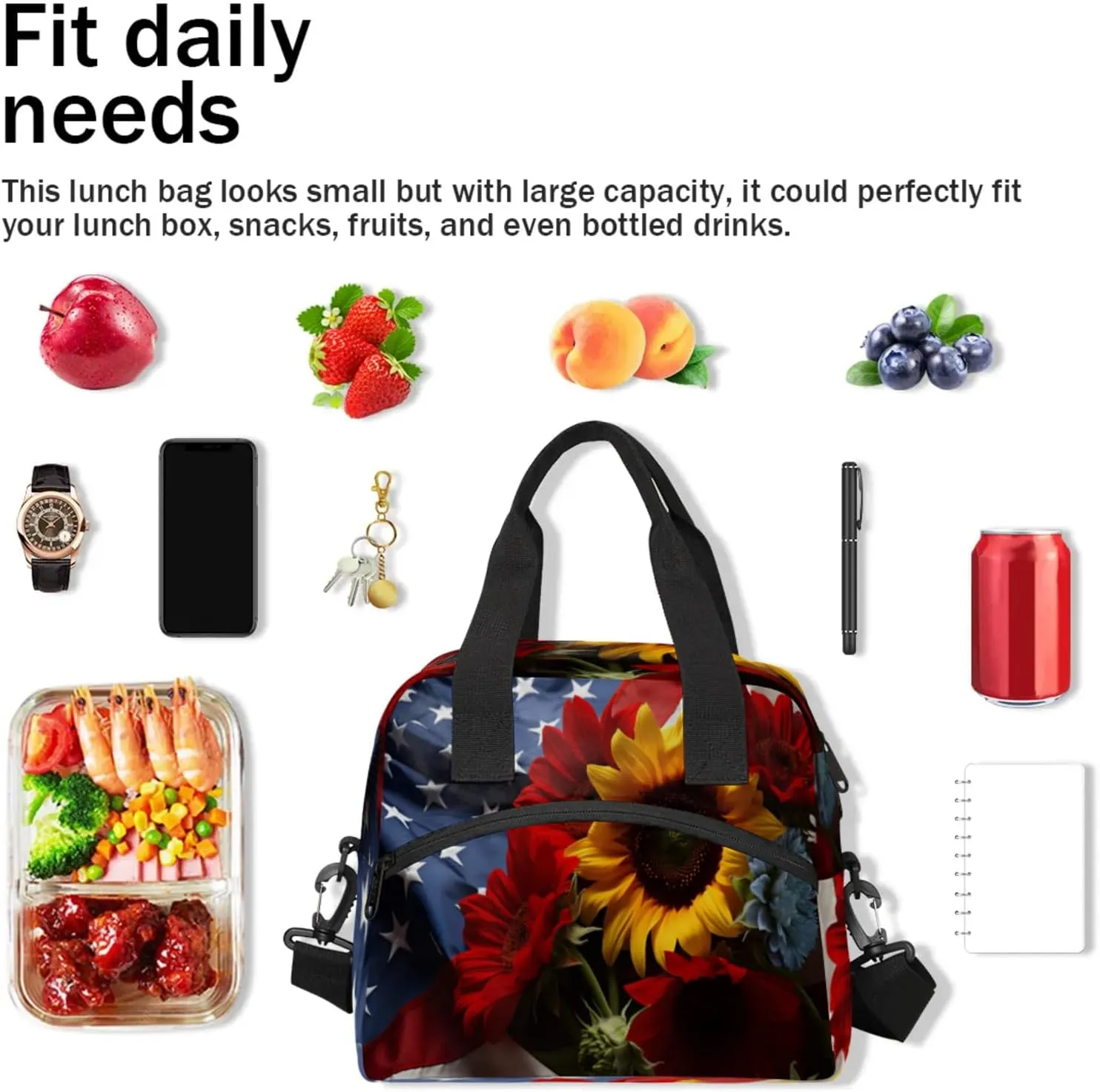 Lunch Bag for Women Men Insulated Lunch Box for Adult, American Flag Portable Reusable Lunch Tote Bag for Work Picnic Travel, Memorial Day Flowers Cooler Tote Bag