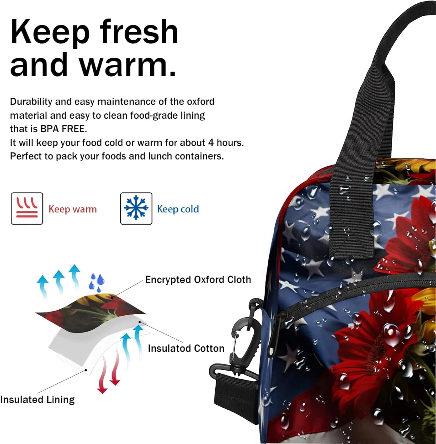 Lunch Bag for Women Men Insulated Lunch Box for Adult, American Flag Portable Reusable Lunch Tote Bag for Work Picnic Travel, Memorial Day Flowers Cooler Tote Bag
