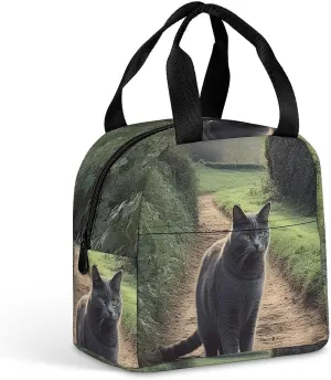 Lunch Bag for Women Men Portable Insulated Lunch Box Gray Cat Standing on Dirt Road LunchBox Reusable Tote Bags for Work Picnic