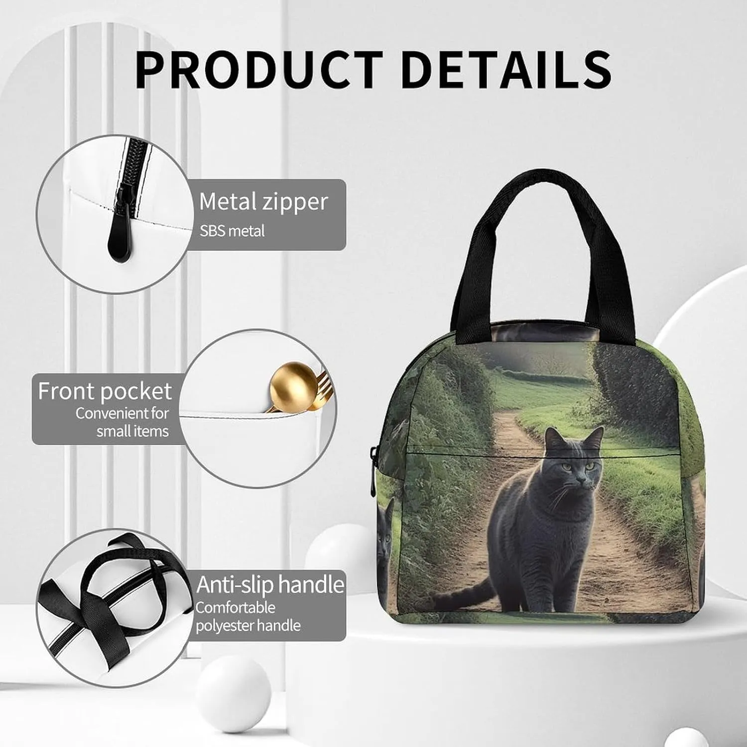 Lunch Bag for Women Men Portable Insulated Lunch Box Gray Cat Standing on Dirt Road LunchBox Reusable Tote Bags for Work Picnic