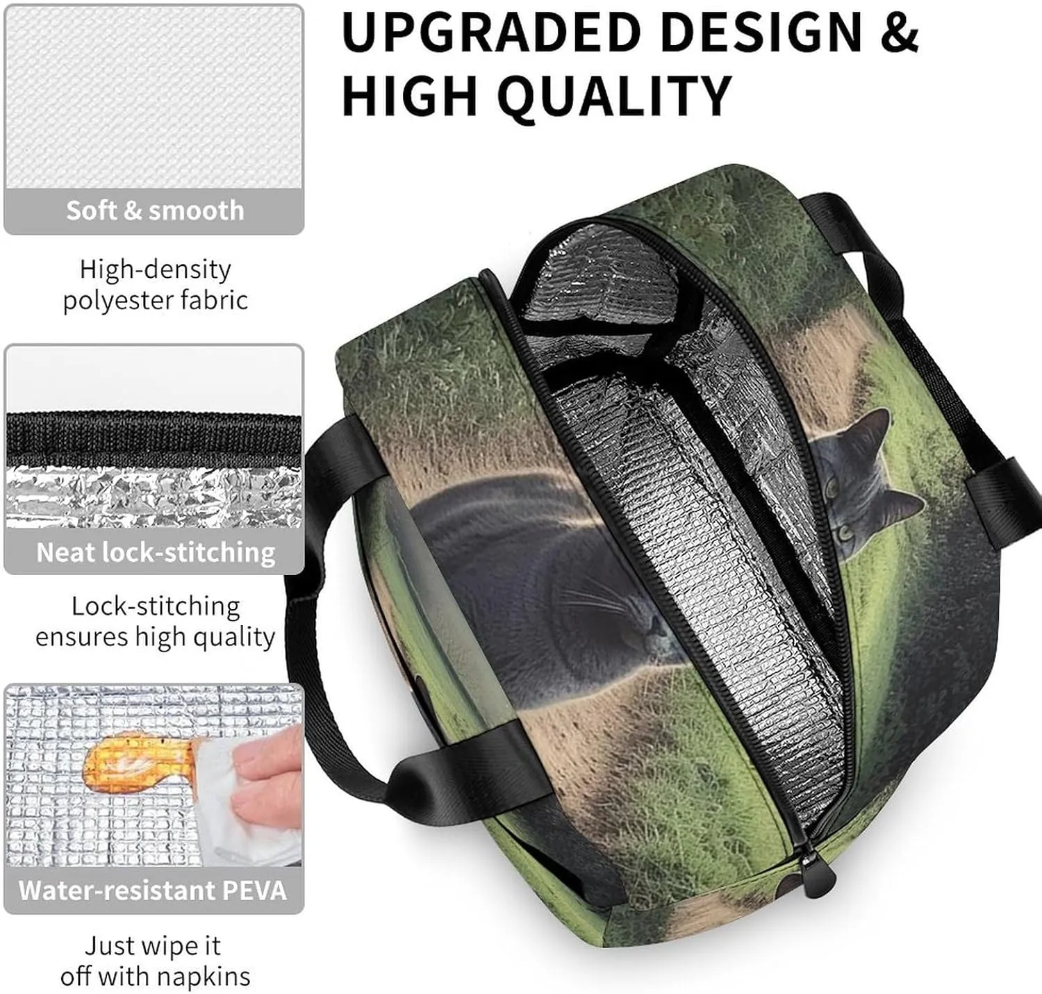 Lunch Bag for Women Men Portable Insulated Lunch Box Gray Cat Standing on Dirt Road LunchBox Reusable Tote Bags for Work Picnic