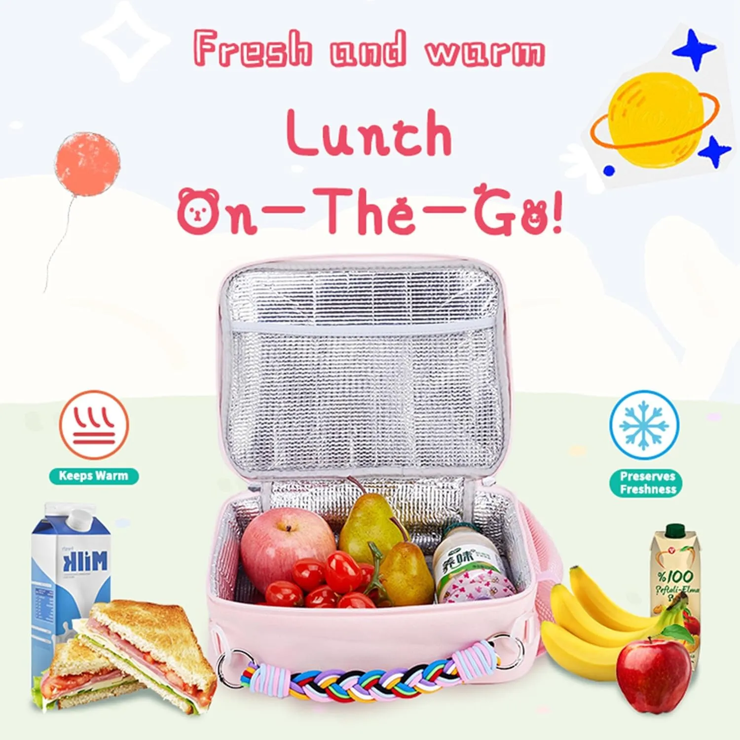 Lunch Bag Kids,Insulated Lunch Bag for Girls with Shoulder Strap,Easy Holds Lunch Box,Snacks and Water Bottle Together,Keep Foods Fresh in School or Picnic (Pink)
